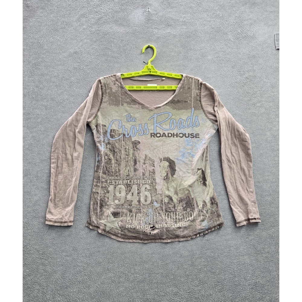 Panhandle Women Shirt L Taupe Graphic Y2K Western Rhinestone Crew Neck READ